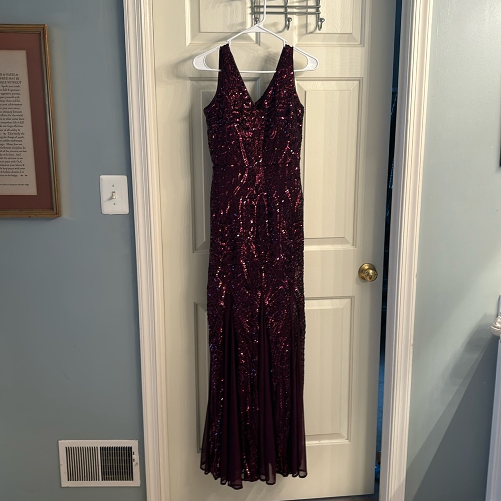 Nightway sequined v-neck gown, plum, size 10, mermaid hem